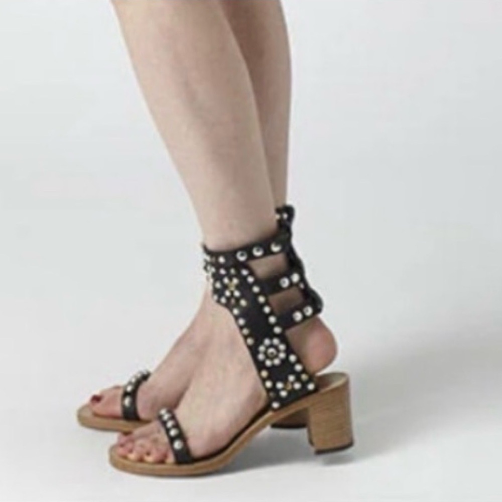 Isabel Marant Black Studded Caroll Elvis Multi-Strap Block Heel Sandals